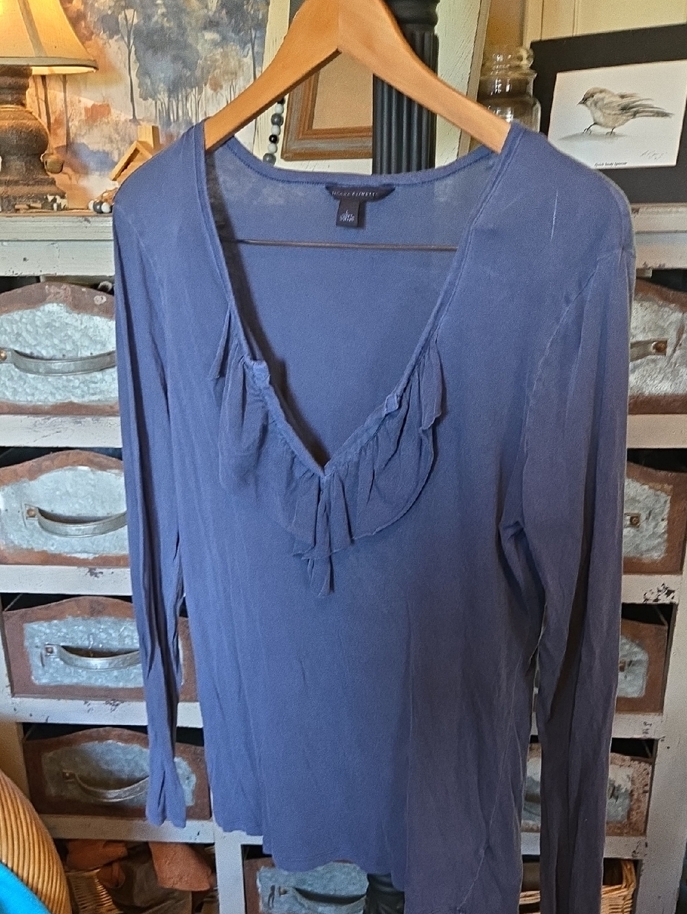 Blue Ruffle V-Neck Long Sleeve Top